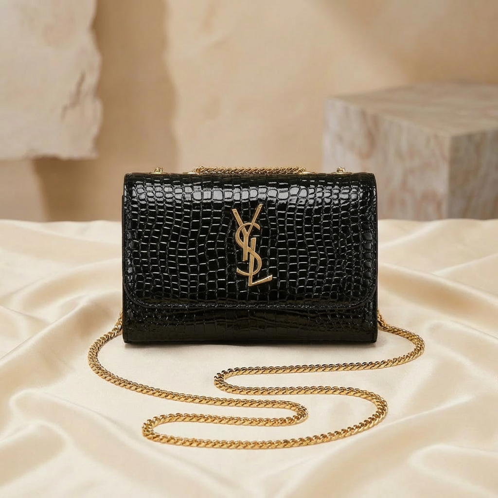 YSL Elegant Black Croc Chain Crossbody Bag