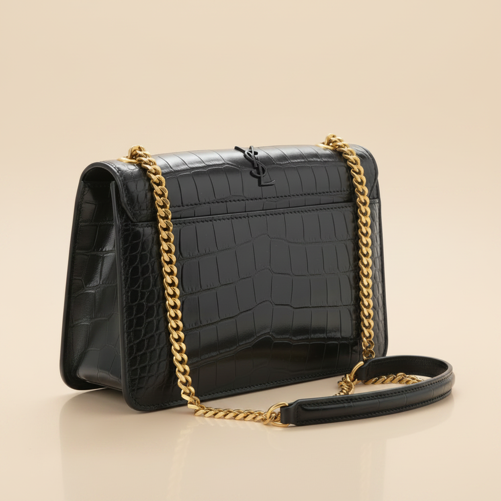 YSL Elegant Black Croc Chain Crossbody Bag