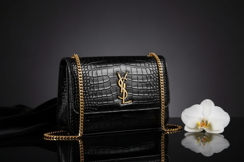 YSL Elegant Black Croc Chain Crossbody Bag