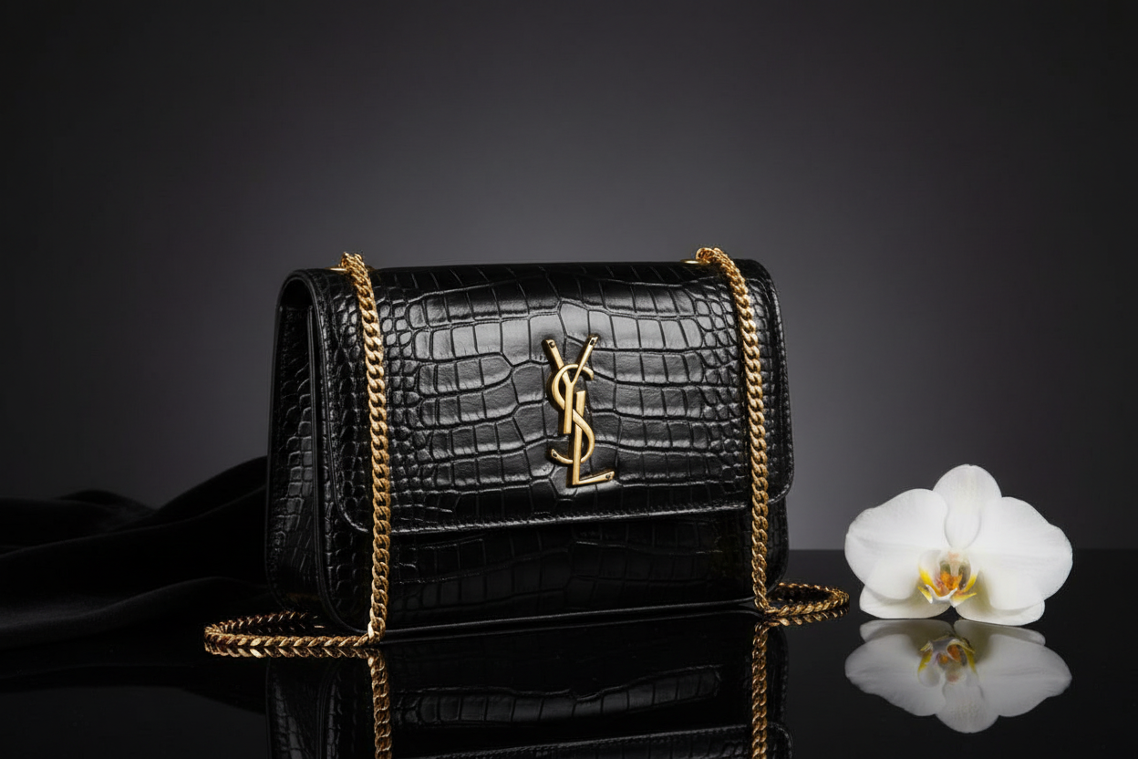 YSL Elegant Black Croc Chain Crossbody Bag
