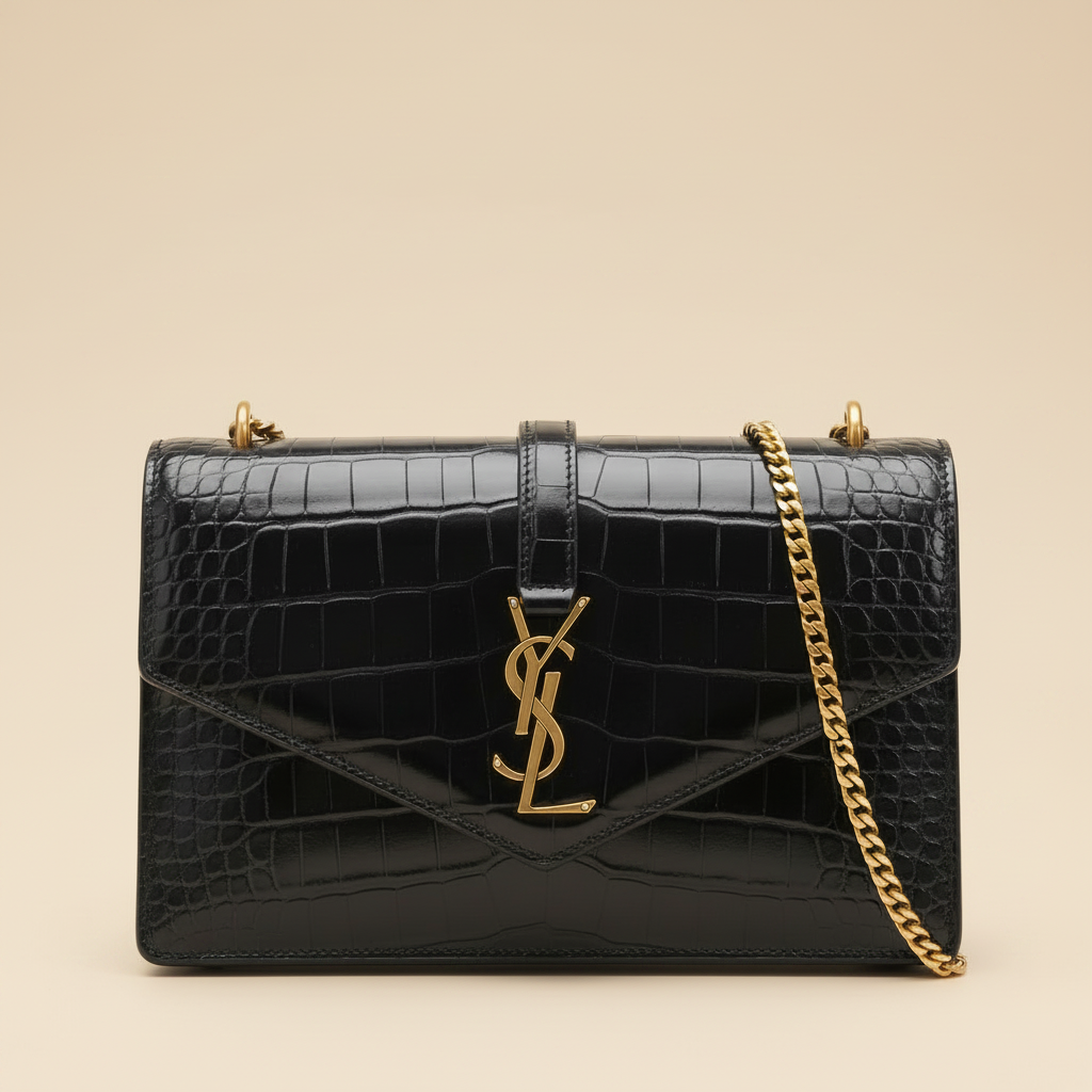 YSL Elegant Black Croc Chain Crossbody Bag